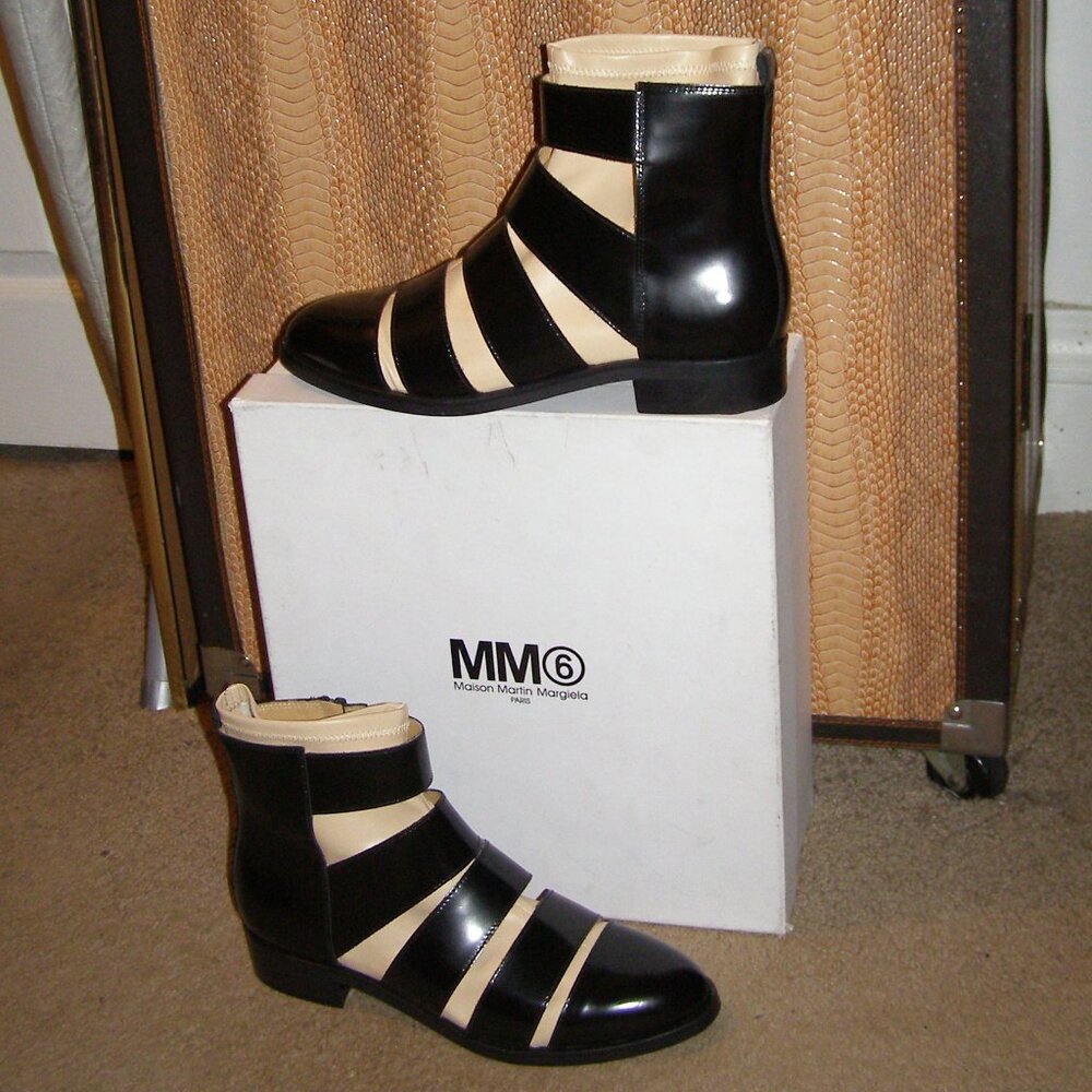 RARE MM6 Maison Martin Margiela Black and Beige Leather Cage Ankle Boots - Picture 2 of 13